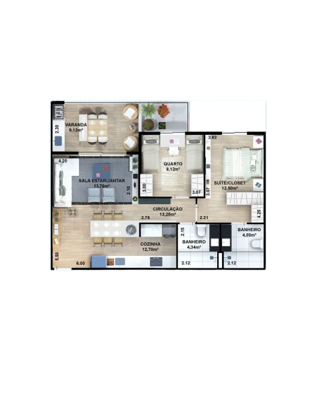 Planta 2 Quartos - 82m²